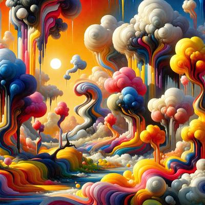 The primary subject of the image is a vibrant and colorful painting featuring a variety of clouds, trees, and other elements. The setting is a surreal landscape with a mix of natural and abstract elements. The visual style is a combination of digital art and illustration, creating a unique and imaginative scene. The colors and mood of the painting are lively and energetic, with a strong focus on the use of bright and bold hues.